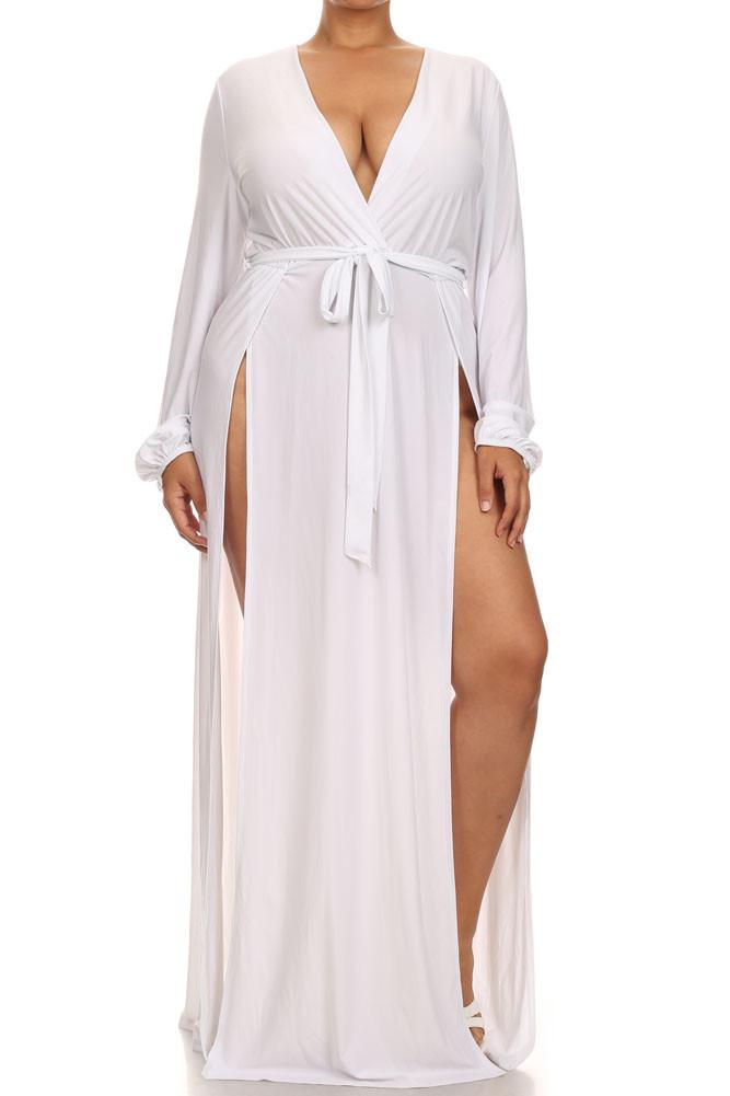 Plus Size Glamour Slit Tie White Maxi Dress
