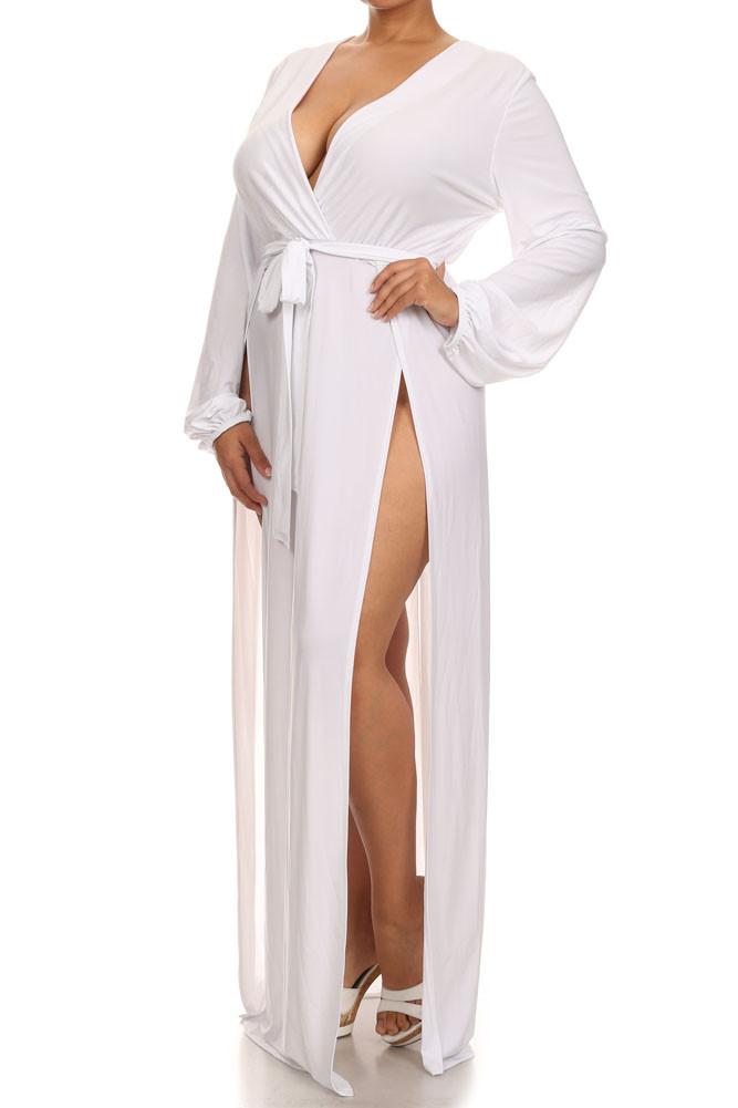 Plus Size Glamour Slit Tie White Maxi Dress