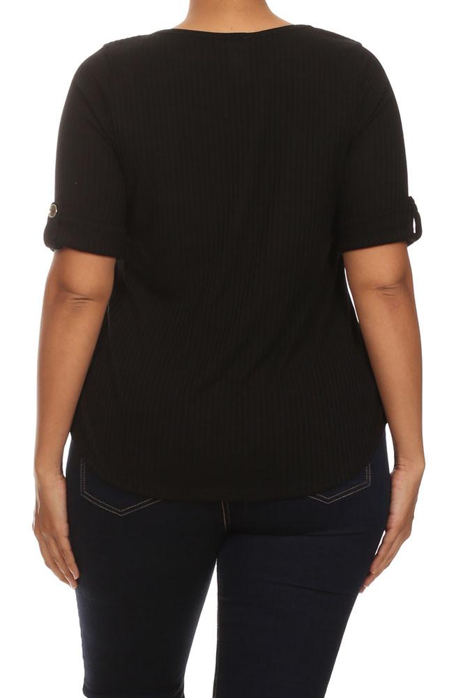 Plus Size Trendy Zipper Collar Ribbed Black Top