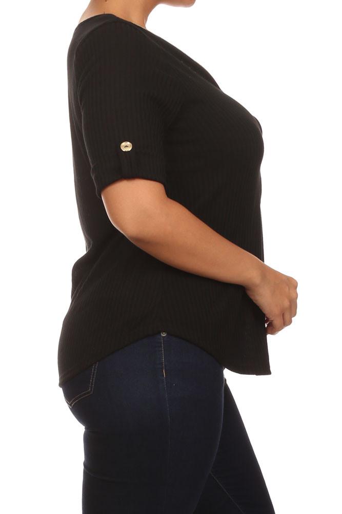 Plus Size Trendy Zipper Collar Ribbed Black Top