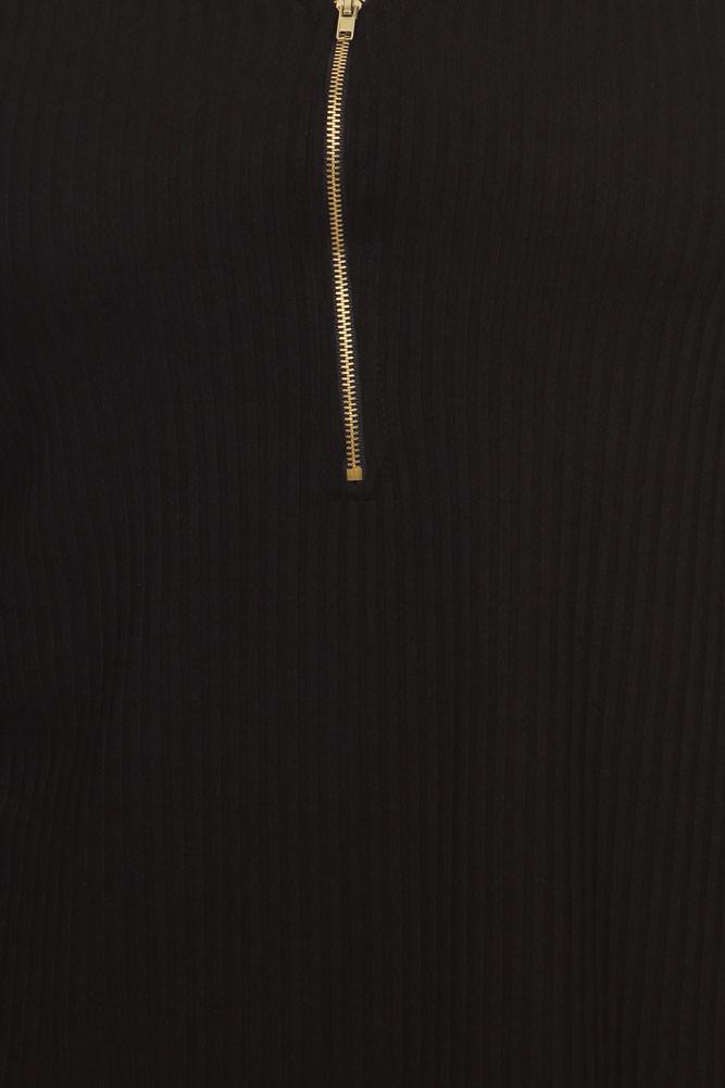 Plus Size Trendy Zipper Collar Ribbed Black Top