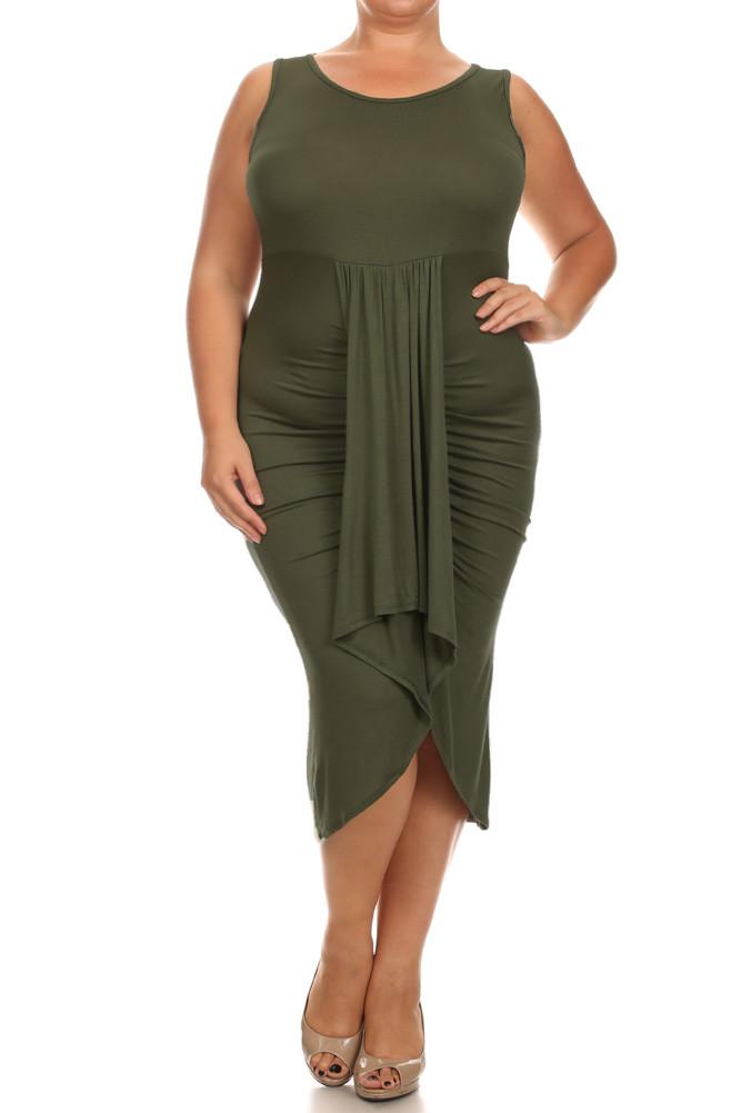 Plus Size Bella Draped Knit Olive Midi Dress