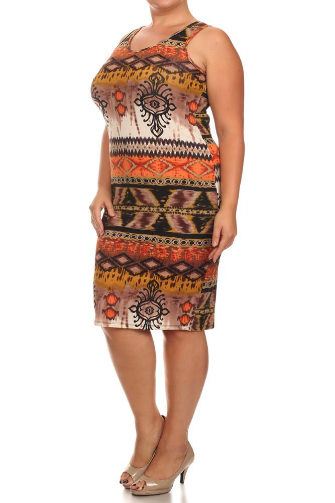 Plus Size Breezy Tribal Print Midi Orange Dress