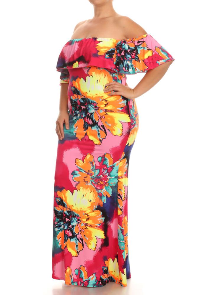 Wild Flower Off Shoulder Ruffle Plus SizeMaxi Dress