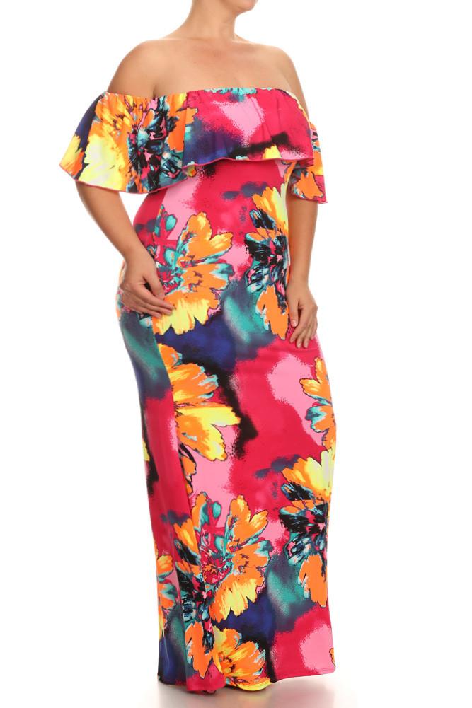 Wild Flower Off Shoulder Ruffle Plus SizeMaxi Dress