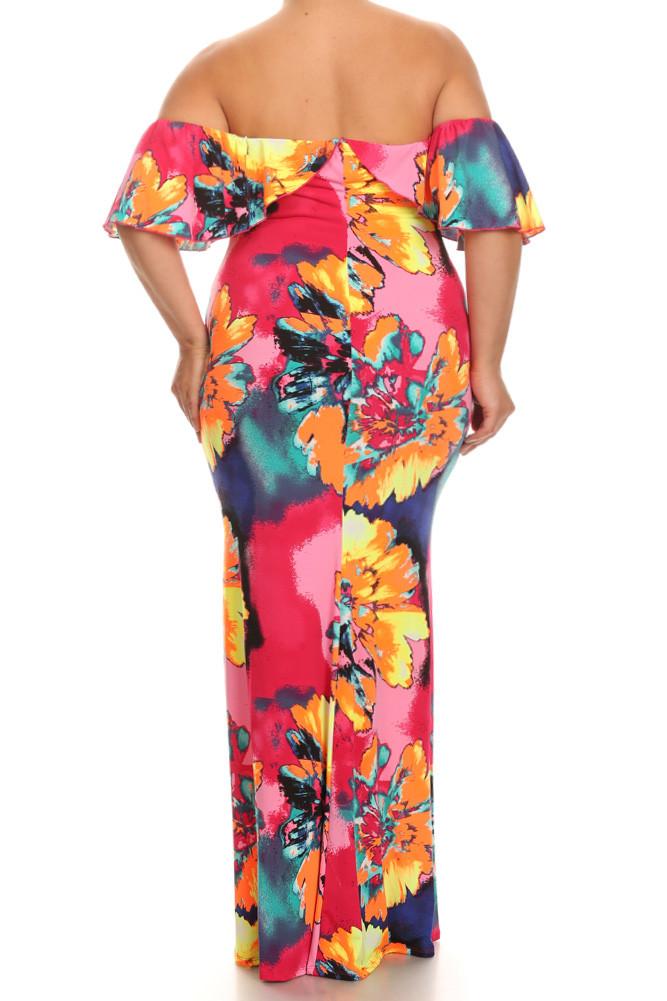 Wild Flower Off Shoulder Ruffle Plus SizeMaxi Dress