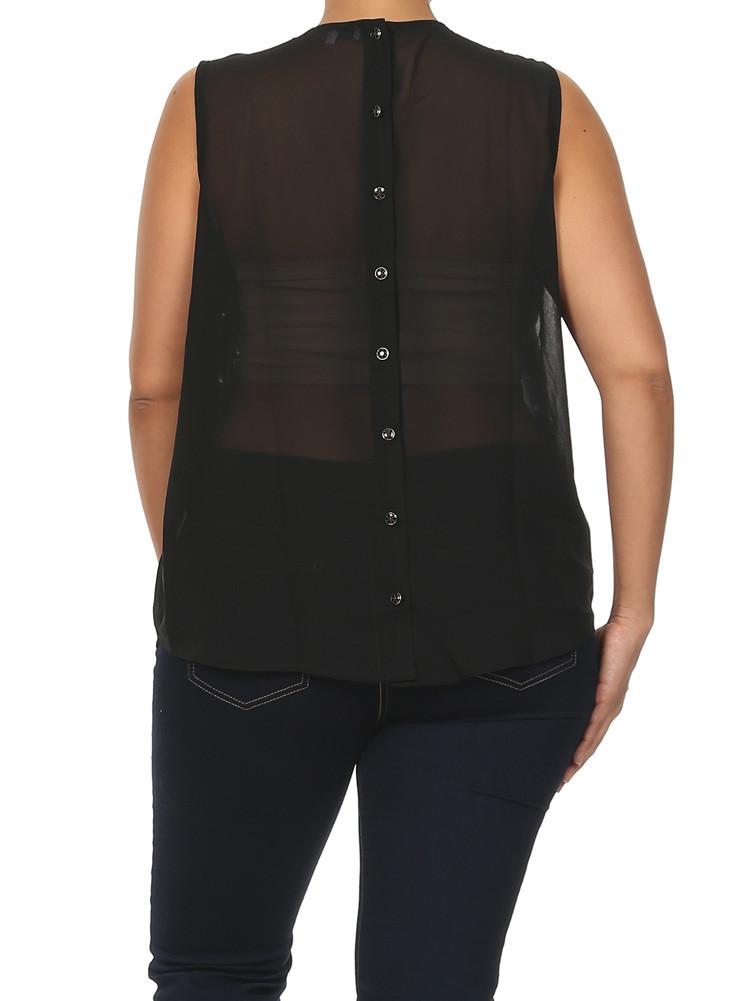 Plus Size Mod Embellished Neckline Sheer Black Top