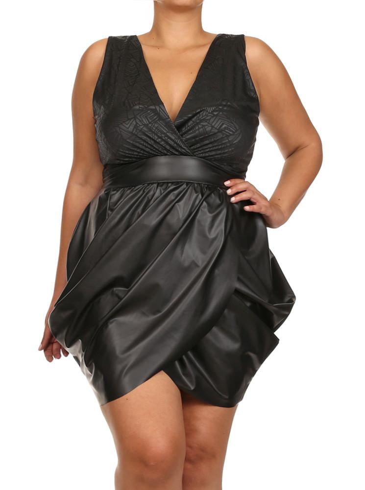 Plus Size Geometric Print Leather Black Bubble Dress