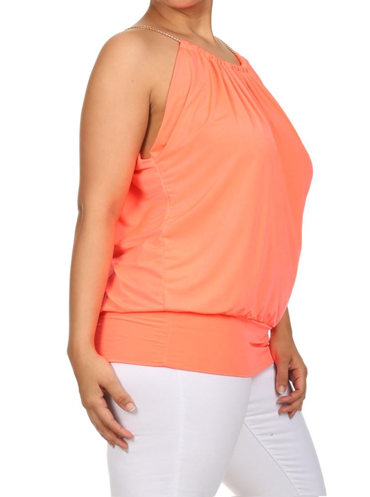 Plus Size Sleek Gilded Neckline Coral Blouson