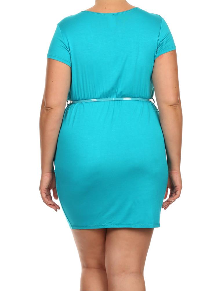 Plus Size Modish Surplice Belted Teal Dress