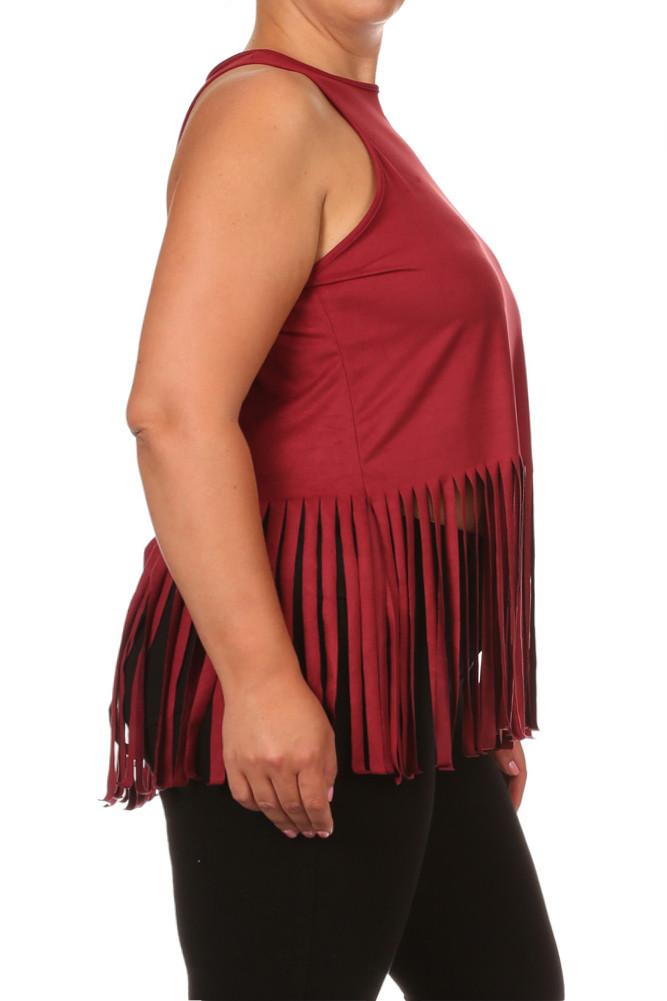 Plus Size Fringe Obsession Suede Burgundy Tank
