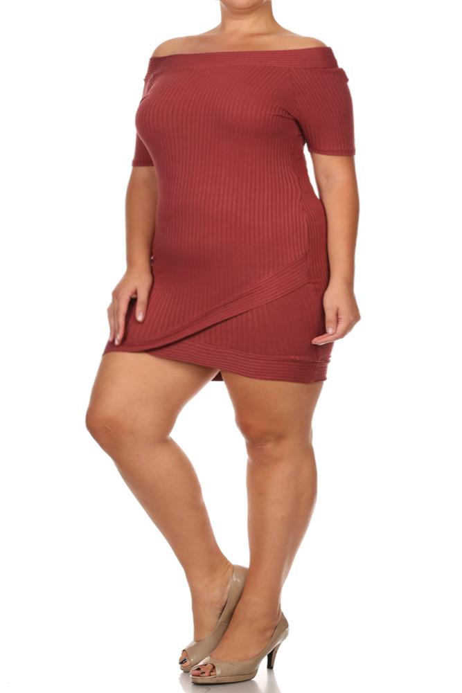 Plus Size Wide Collar Wrap Skirt Ribbed Dress