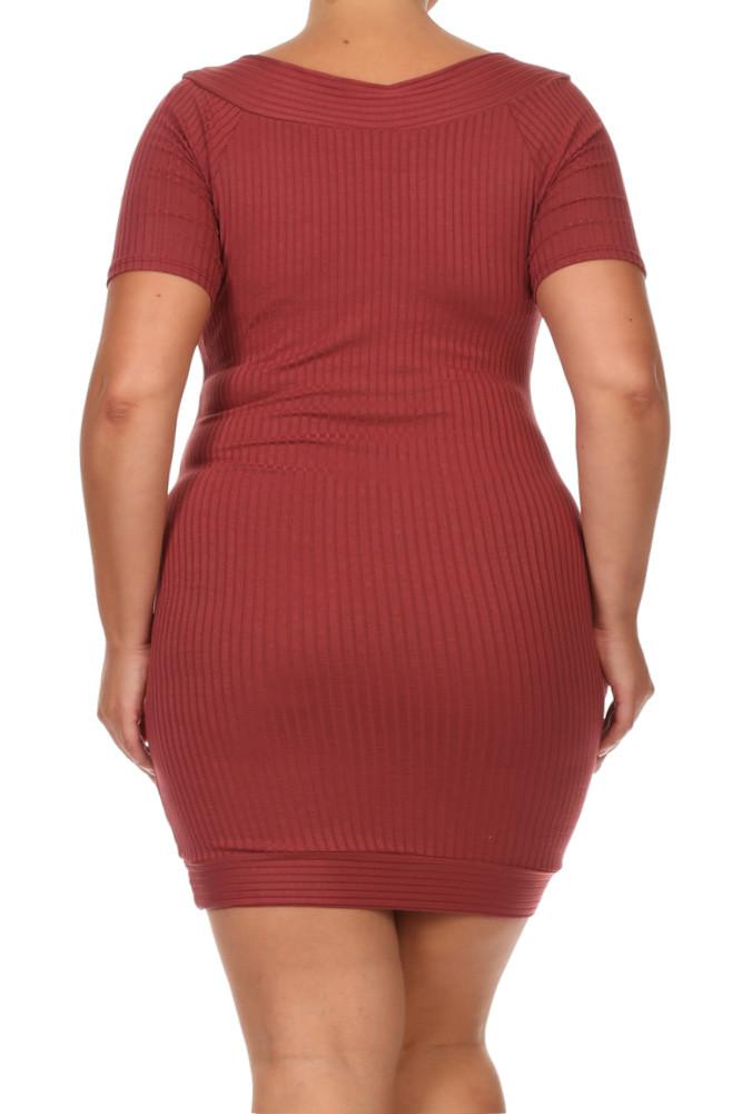 Plus Size Wide Collar Wrap Skirt Ribbed Dress