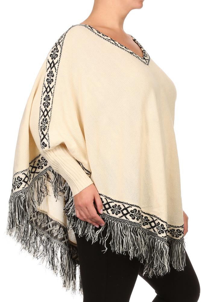 Plus Size Cozy Tribal Print Fringe Poncho