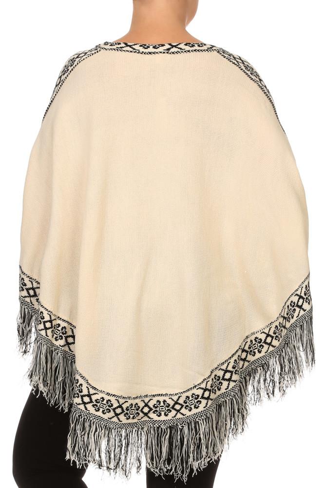 Plus Size Cozy Tribal Print Fringe Poncho