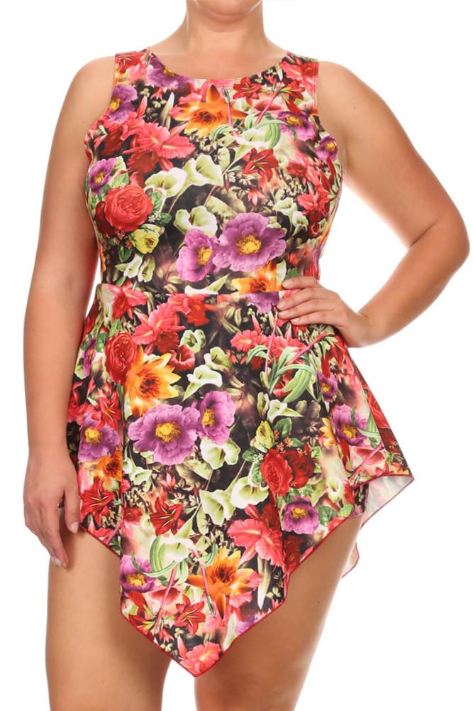 Plus Size Floral V Hem Open Back Skater Dress