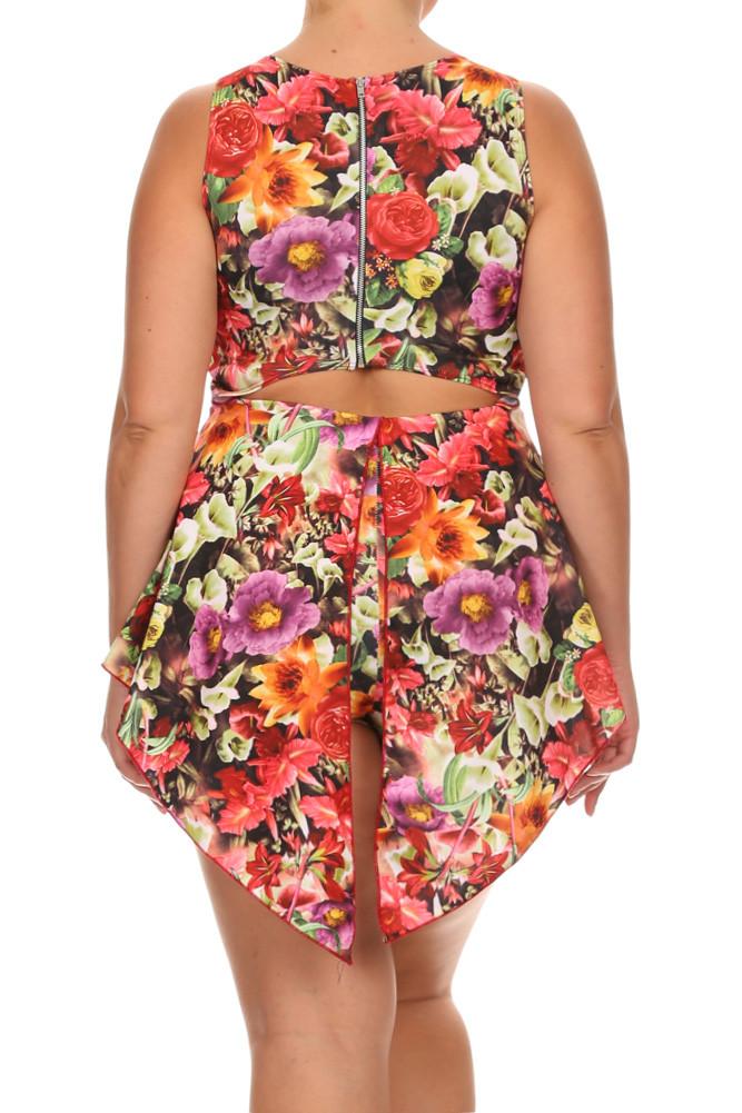 Plus Size Floral V Hem Open Back Skater Dress