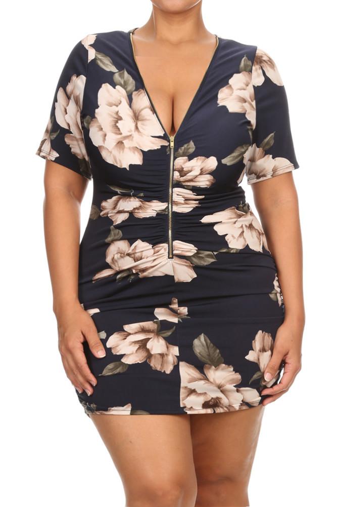 Zip Up Sexy Floral Plus Size Mini Dress
