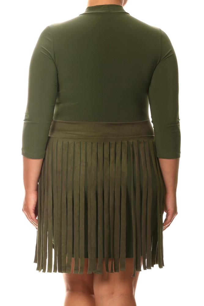 Plus Size Suede Fringe Skirt Olive Dress