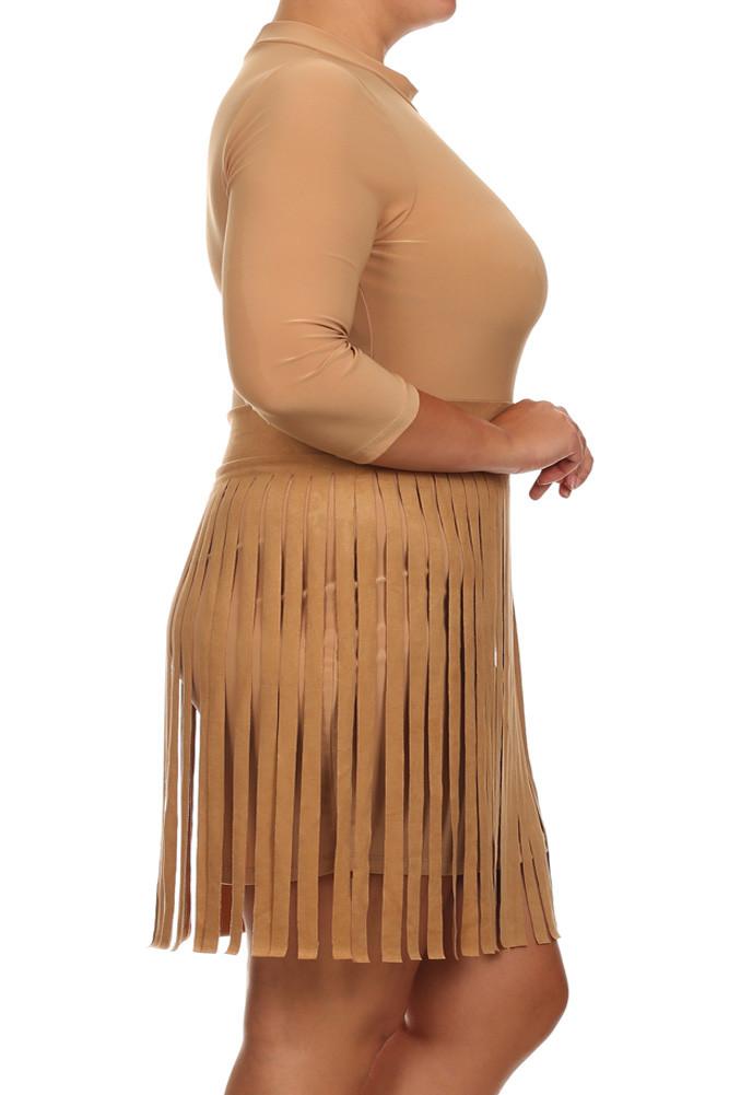 Plus Size Suede Fringe Skirt Tan Dress