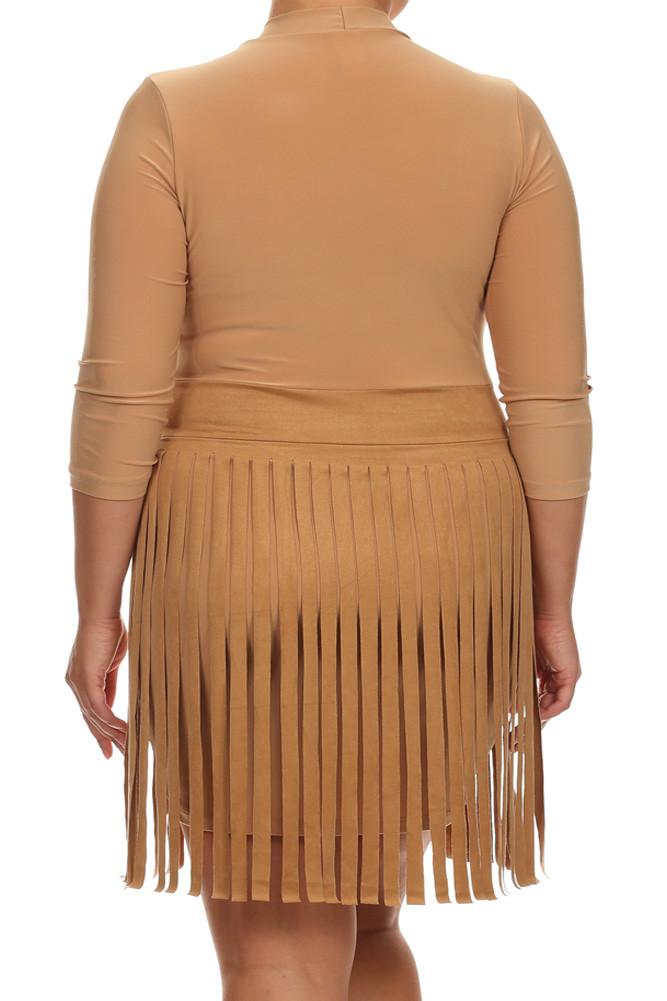 Plus Size Suede Fringe Skirt Tan Dress