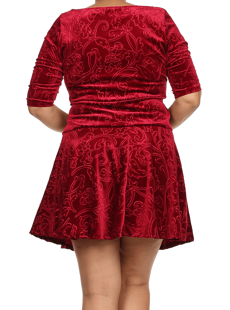 Plus Size Velvet Floral Print Red Skirt Set
