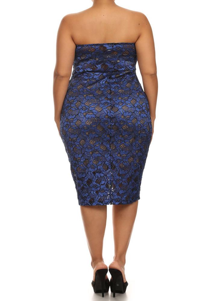 Plus Size Sparkling Flower Blue Plunging Dress