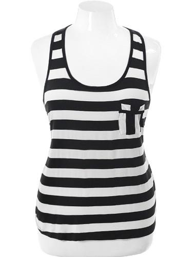 Plus Size Corset Back Stripe White Tank