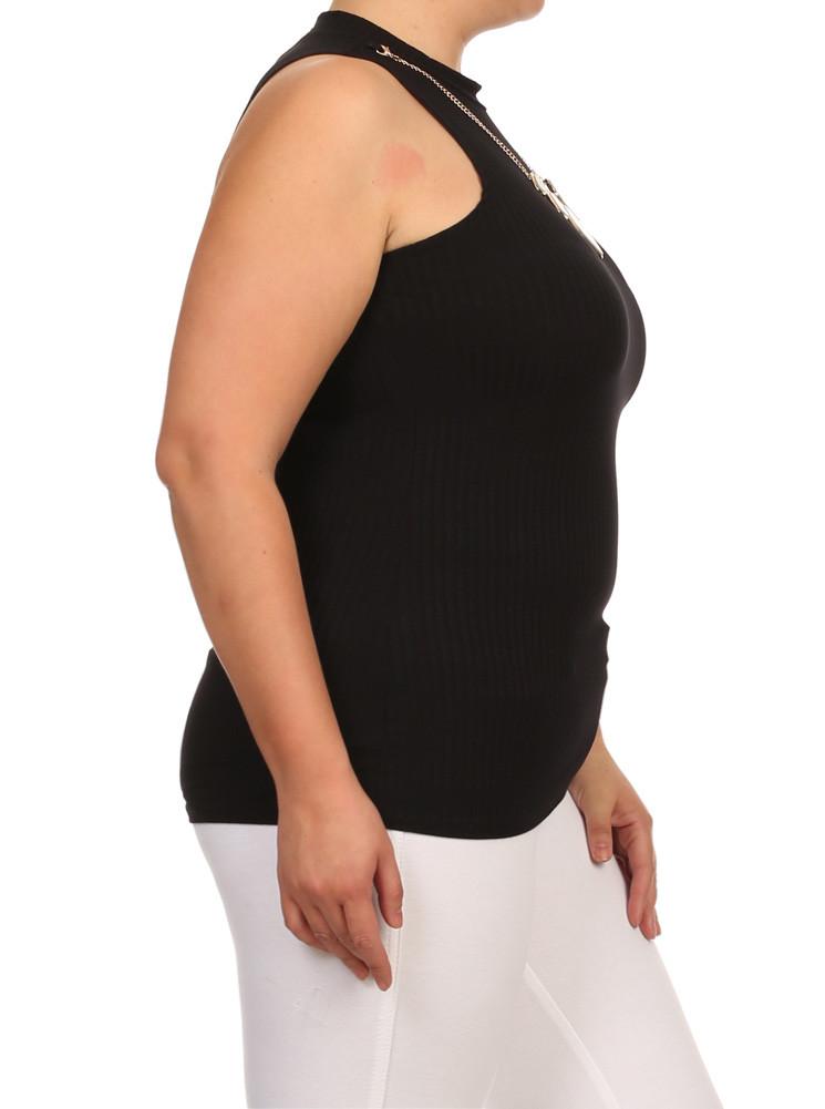 Plus Size Gem Mock Turtle Neck Ribbed Black Top