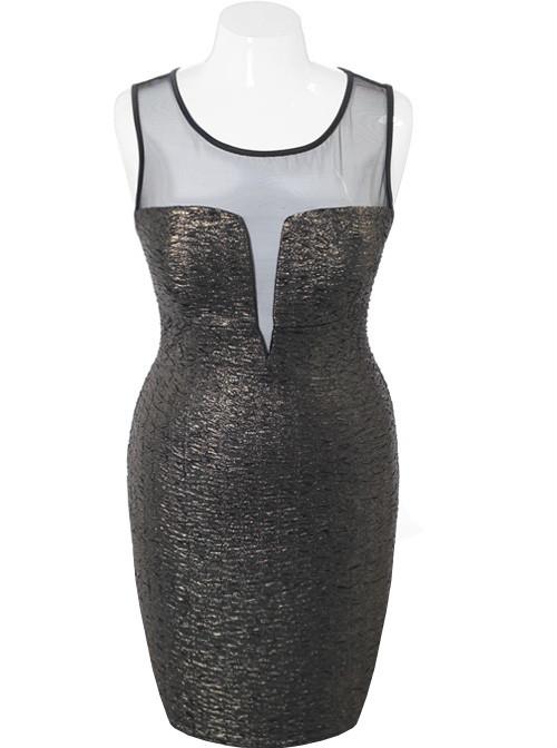 Plus Size Sparkling Scuba Mesh Gold Dress