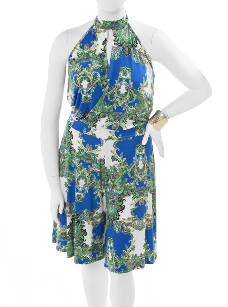 Plus Size Vintage Inspired Print Blue Romper