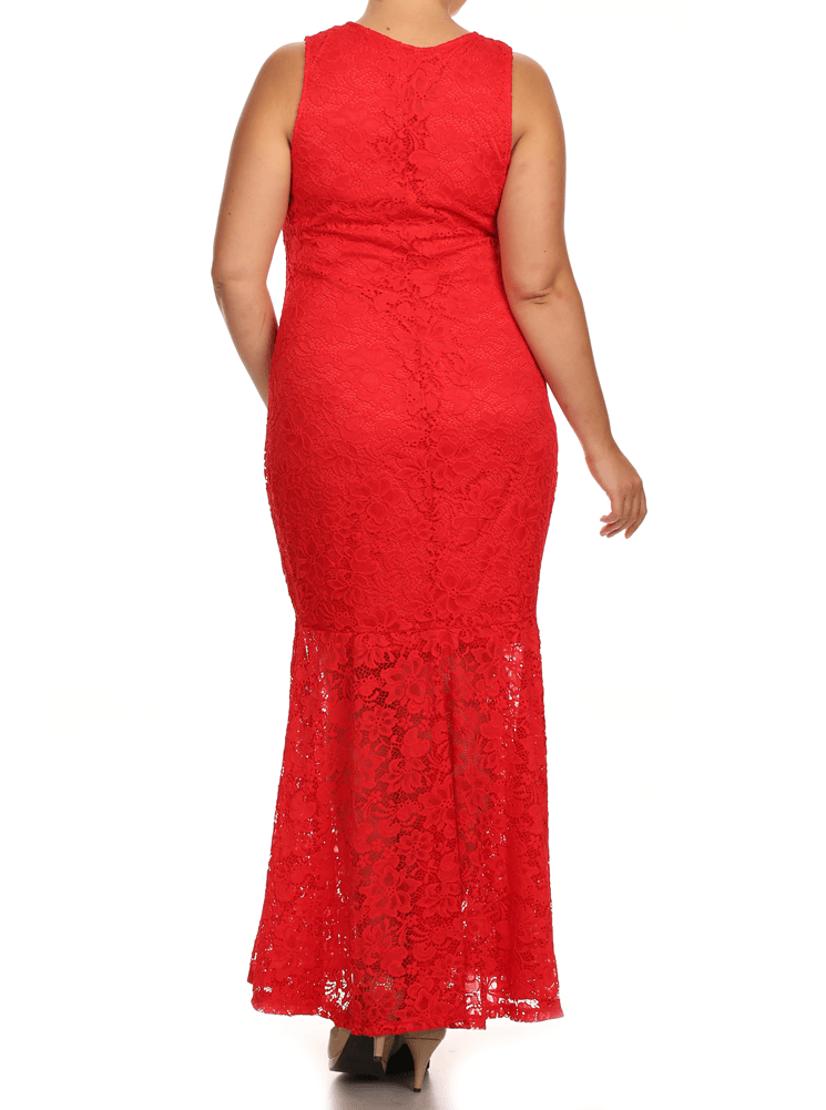 Plus Size Pretty In Floral Crochet Mermaid Maxi Red Dress