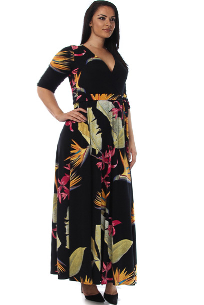 Wild Flower Print Plus Size Kimono Maxi Dress