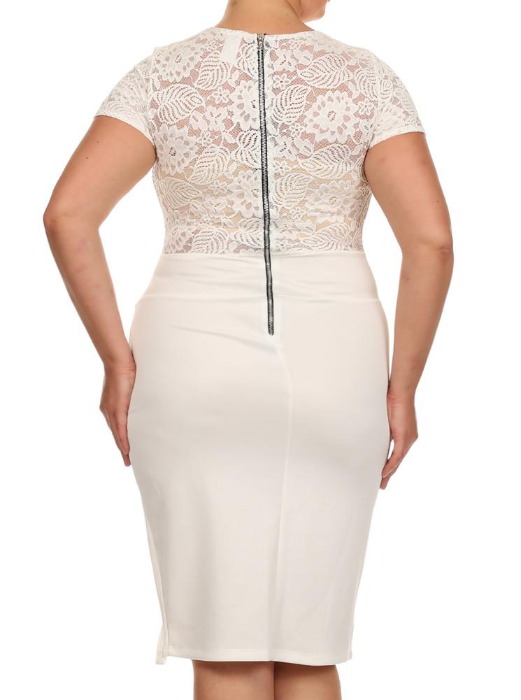 Plus Size Sleek See Through Floral Lace White Dress