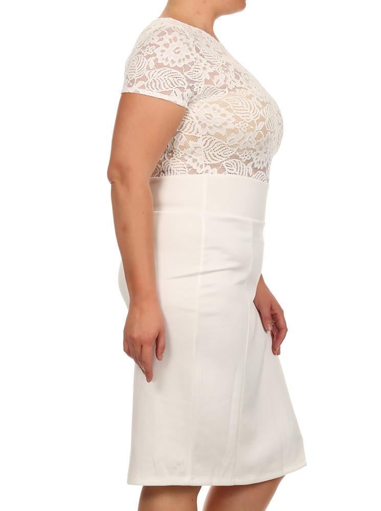 Plus Size Sleek See Through Floral Lace White Dress