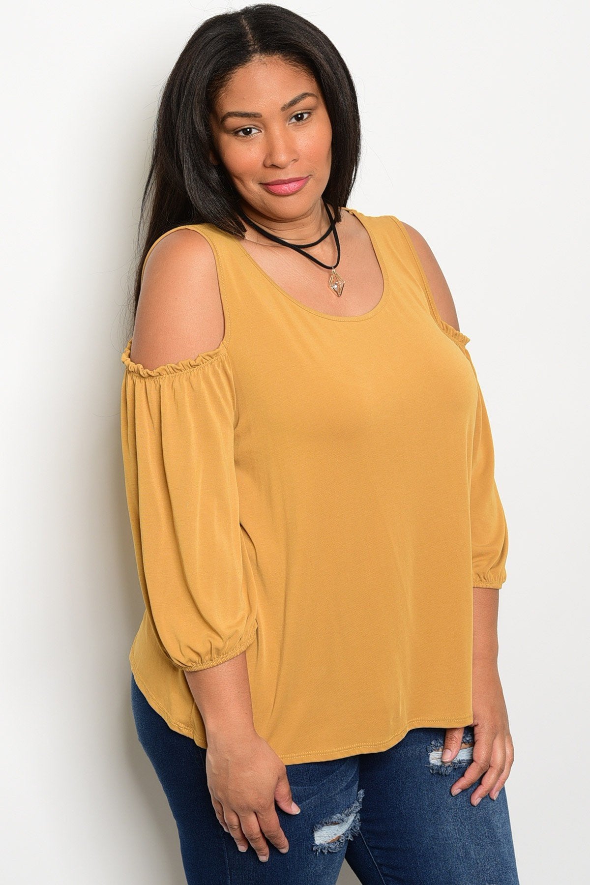 Plus Size Scoop Neckline 3/4 Sleeve Cold Shoulder Top - Mustard