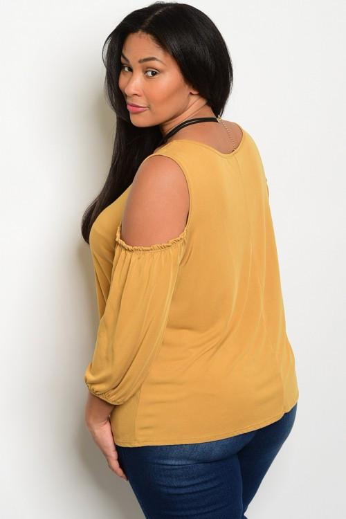 Plus Size Scoop Neckline 3/4 Sleeve Cold Shoulder Top - Mustard
