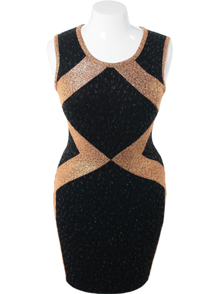 Plus Size Bodycon Sparkling Gold Black Dress