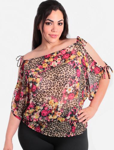 Plus Size Sexy Open Shoulder Pink Flower Leopard Print Top