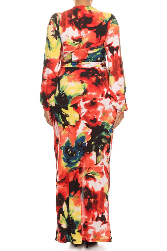 Plus Size Vibrant Floral Cut Out Sleeves Maxi Dress