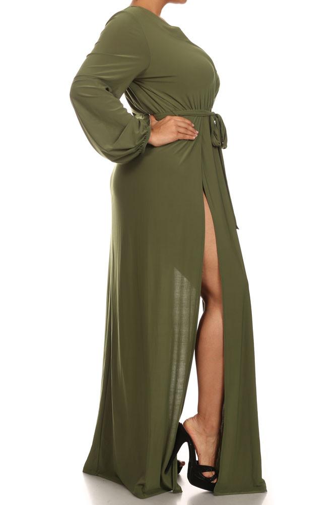 Plus Size Glamour Slit Tie Olive Maxi Dress