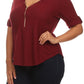 Plus Size Trendy Zipper Collar Ribbed Burgundy Top