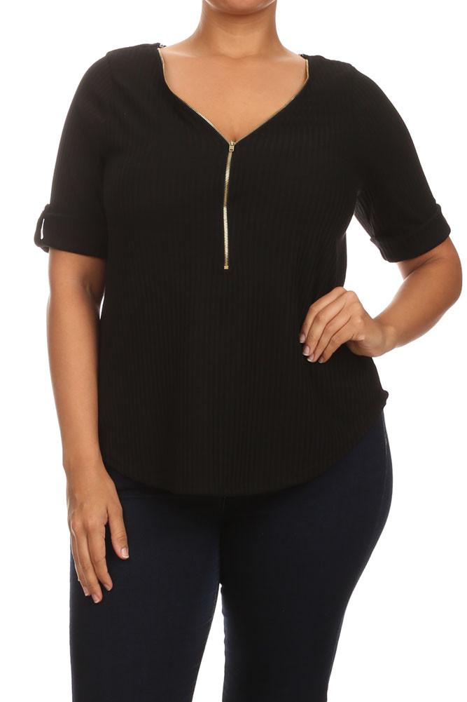 Plus Size Trendy Zipper Collar Ribbed Black Top