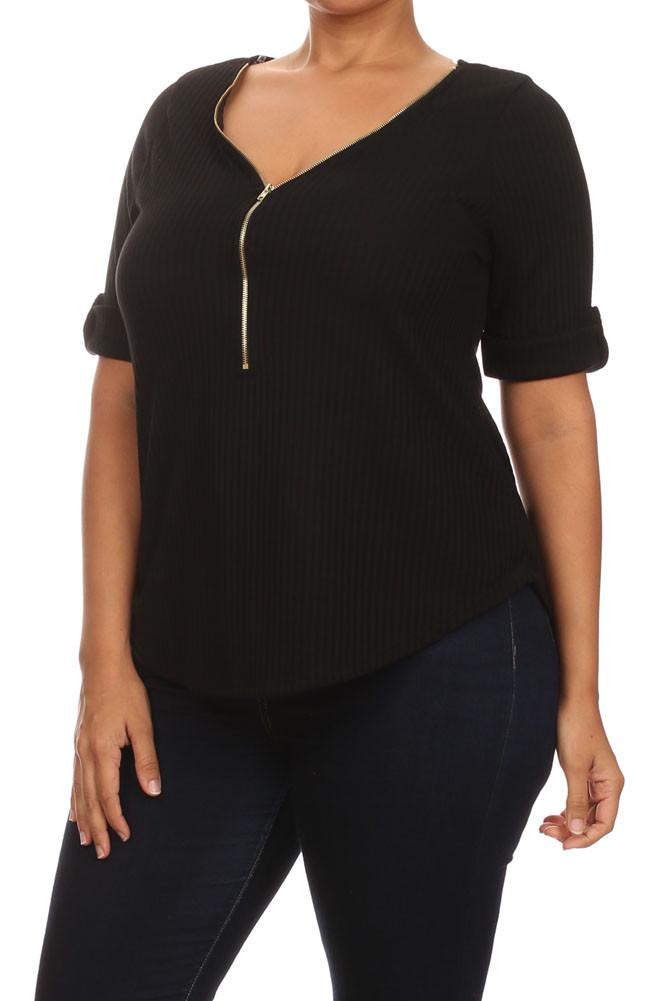 Plus Size Trendy Zipper Collar Ribbed Black Top