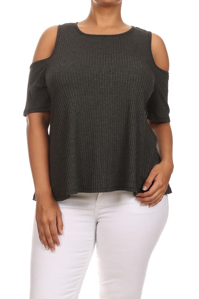 Plus Size Ribbed Cut Out Shoulder Boxy Grey Top