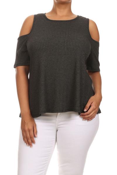 Plus Size Ribbed Cut Out Shoulder Boxy Top