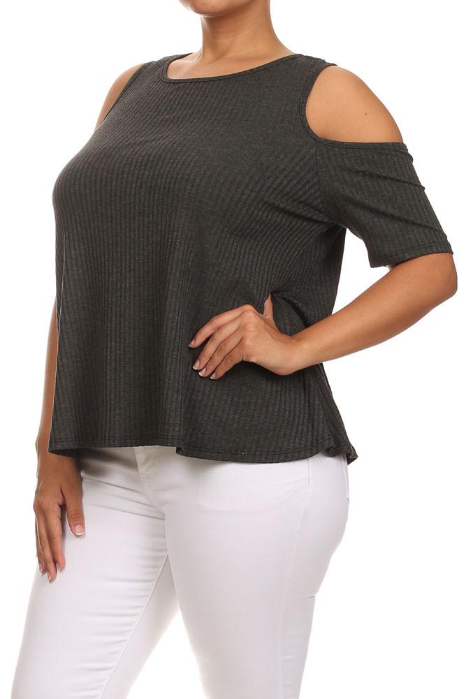 Plus Size Ribbed Cut Out Shoulder Boxy Grey Top