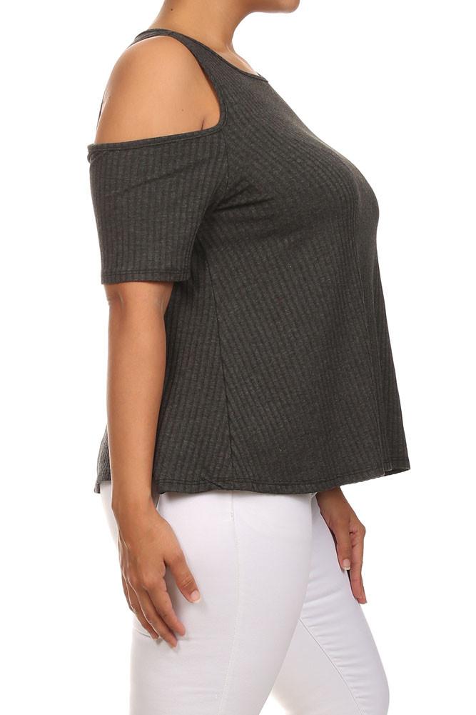 Plus Size Ribbed Cut Out Shoulder Boxy Grey Top
