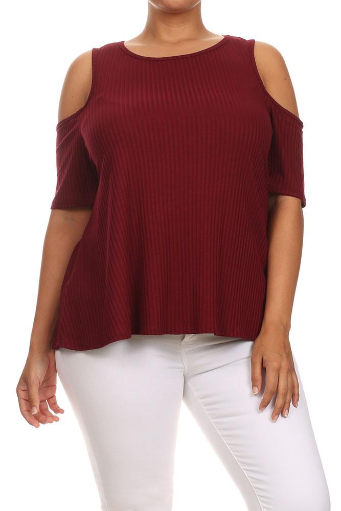 Plus Size Ribbed Cut Out Shoulder Boxy Burgundy Top