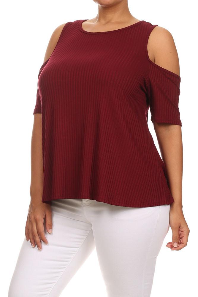 Plus Size Ribbed Cut Out Shoulder Boxy Burgundy Top